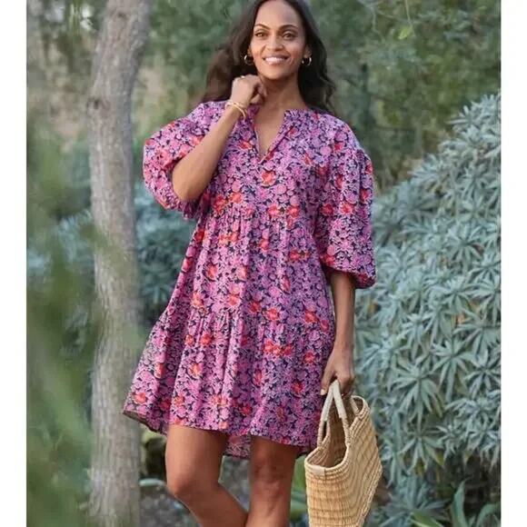 Sundry x Evereve The Anywhere Dress Cotton Poplin Tiered Floral Cottage Boho 3 - Picture 1 of 10